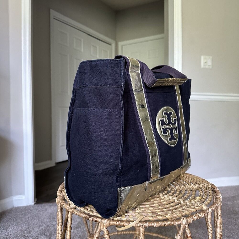 TORY BURCH Large Canvas Tote Navy Blue Shopper Bag Metallic Top Handle - Picture 3 of 16